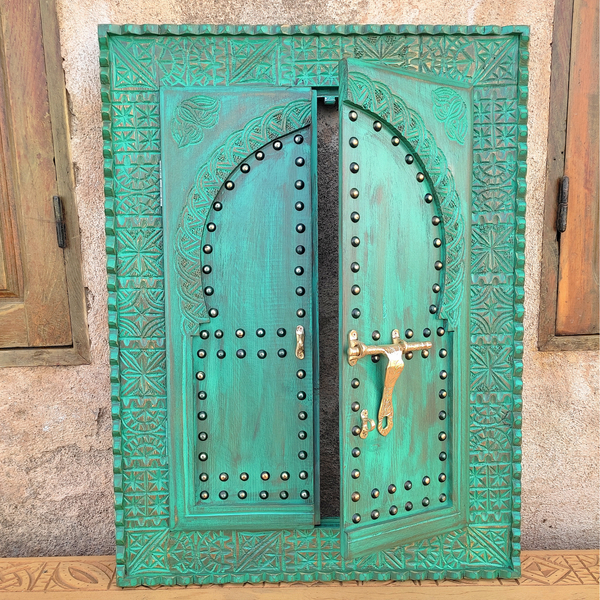 Green Hand-carved Moroccan Door, Vintage Style Door Wall Decor with Brass Hardware.