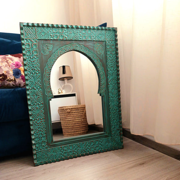 Green Moroccan Hand Carved Wooden Mirror in Vintage Style, Old Wall Mirror Frame.