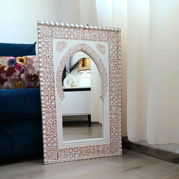 Reclaimed White Handcarved Wooden Mirror With Moroccan Old Style, Distressed White Wall Mirror Frame.