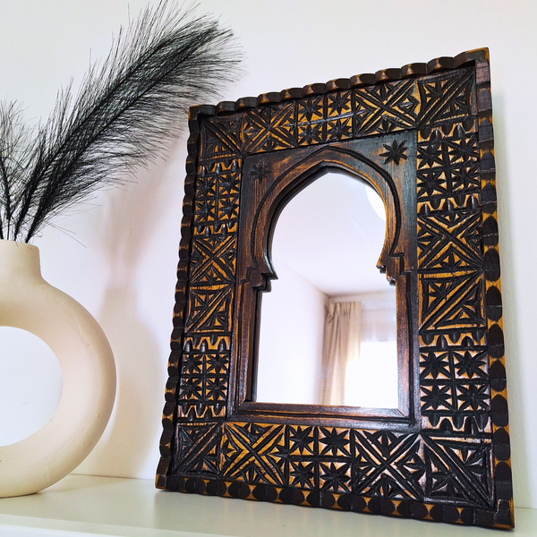 Handmade Small Wooden Wall Mirror, Moroccan Vintage Style With Rustic Finish.