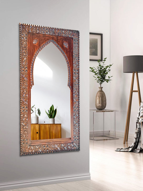 Full Length Moroccan Mirror with Hand Carved Wood Frame, Arched Floor Mirror in Vintage Style.