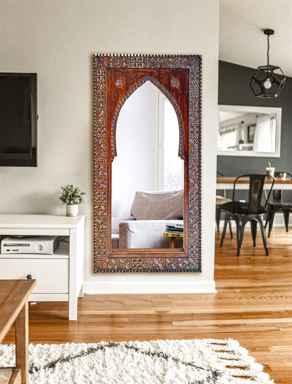 Arched Full Length Mirror with Hand Carved Wood Frame, Moroccan Floor Mirror in Vintage Style.